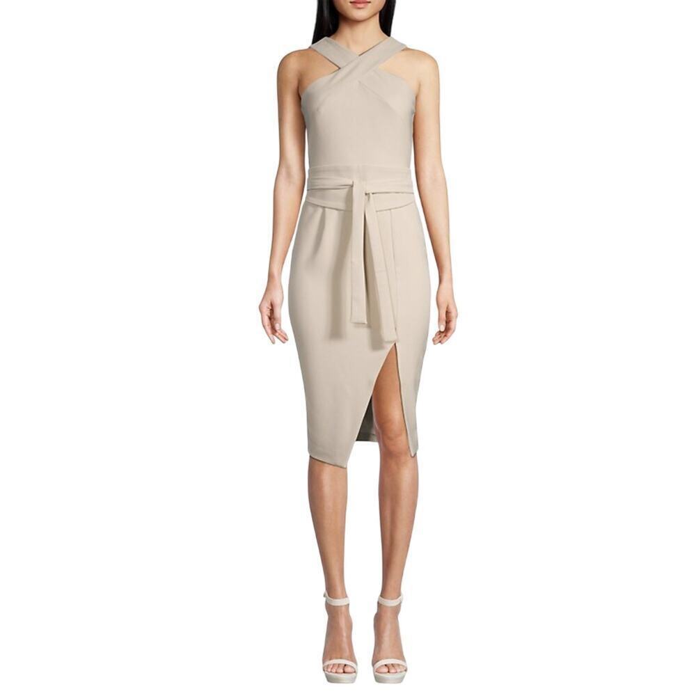 Lavish Alice Beige Cross Front Midi Dress Obi Belt Slit NWT 0